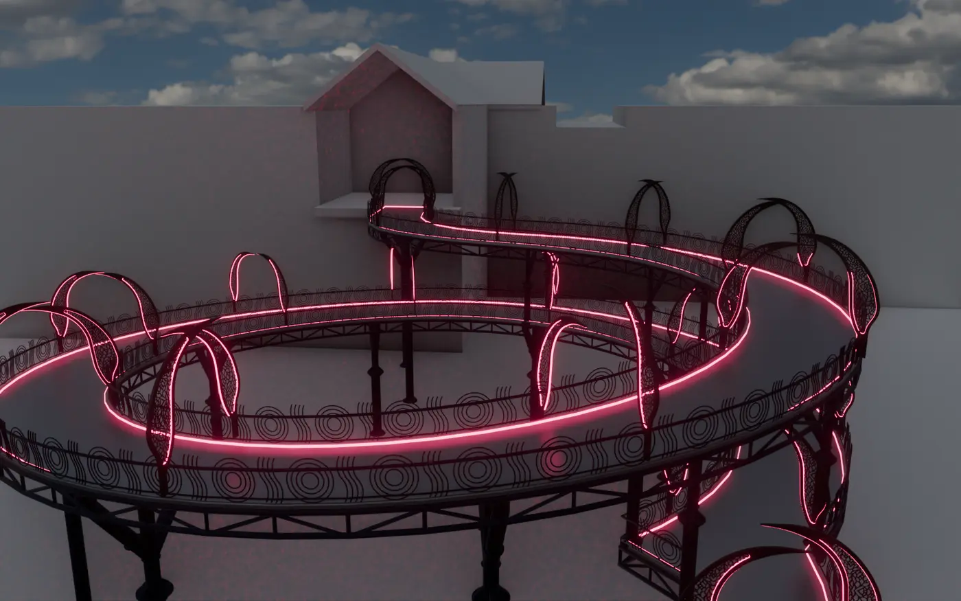 Interactive 3D model of the City Bridge — elevated walkway loop with neon light lines