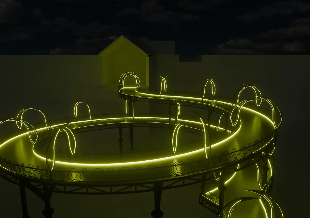Bridge loop traced in yellow neon at night
