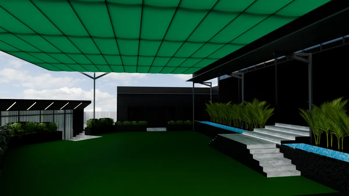 Garden court under the retractable green canopy with pool-edge steps