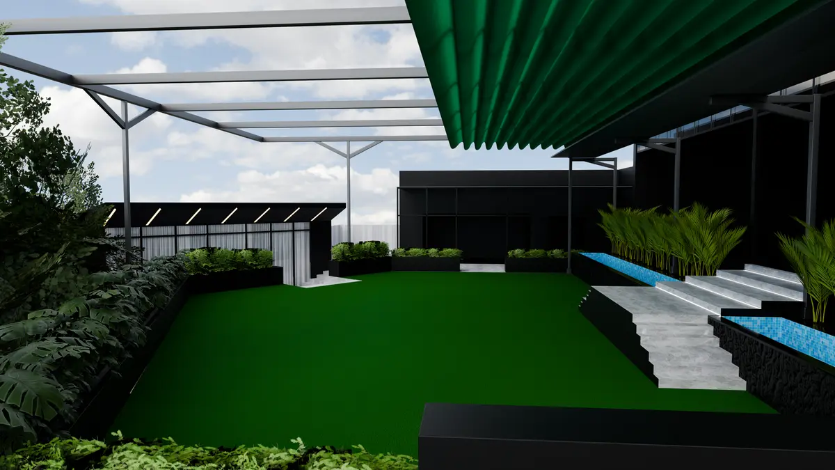 Garden court with the pergola frame open to the sky