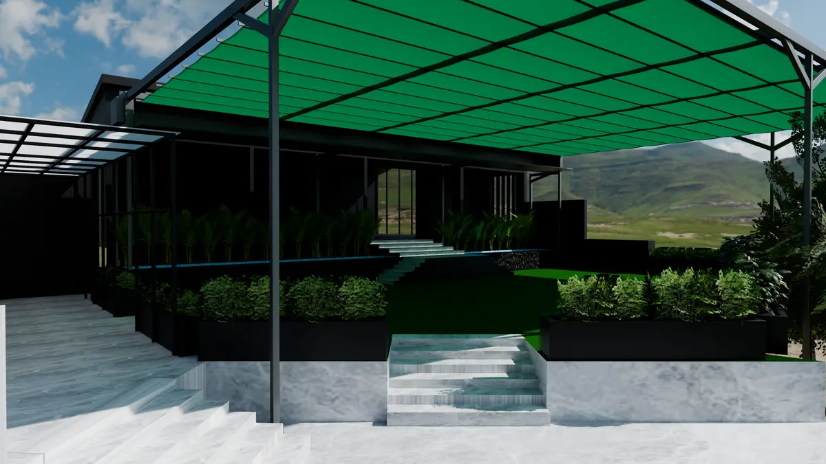 Marble entrance steps under the green canopy with mountains beyond