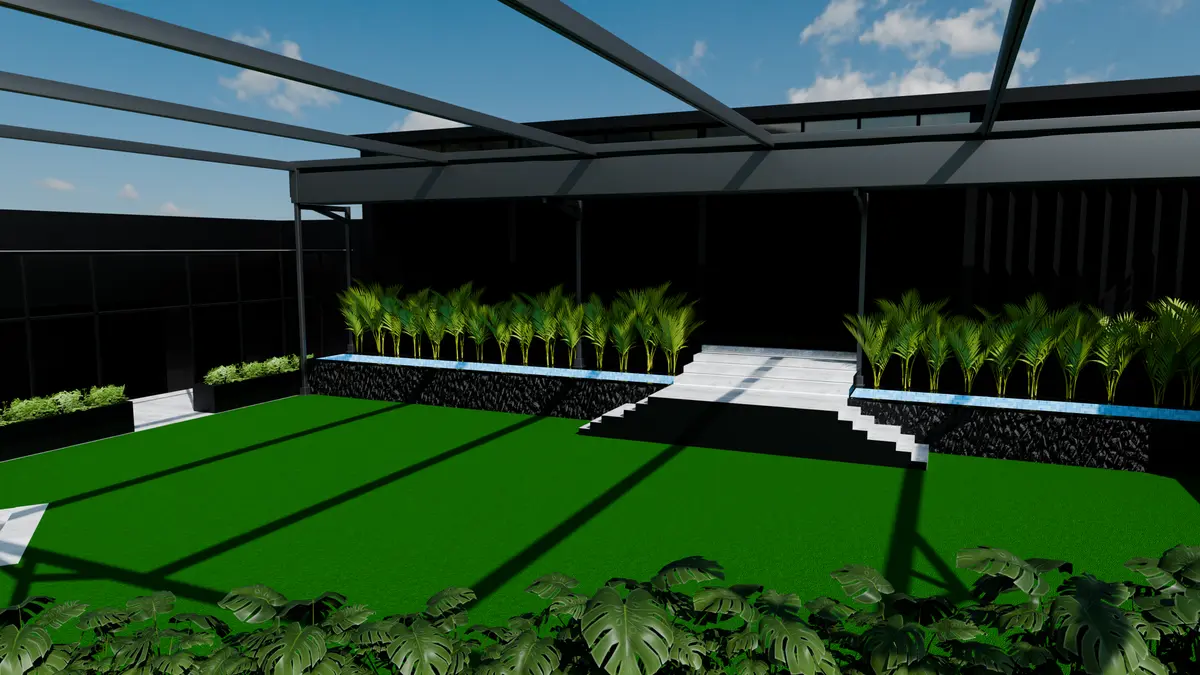 Sunken lawn with palm planters along the water edge