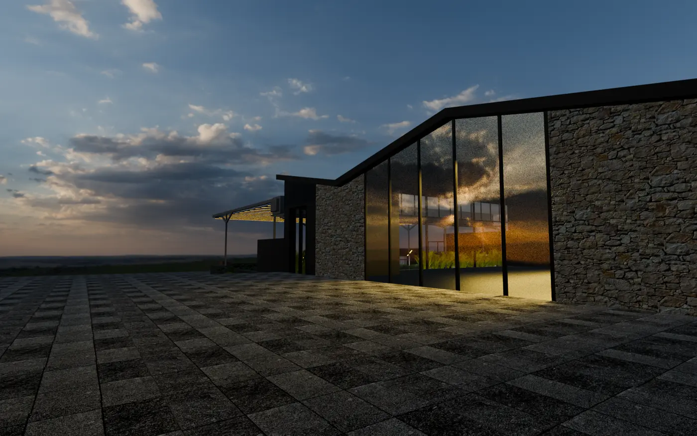 Interactive 3D model of the K-Pavilion — stone and glass pavilion with lit pergola