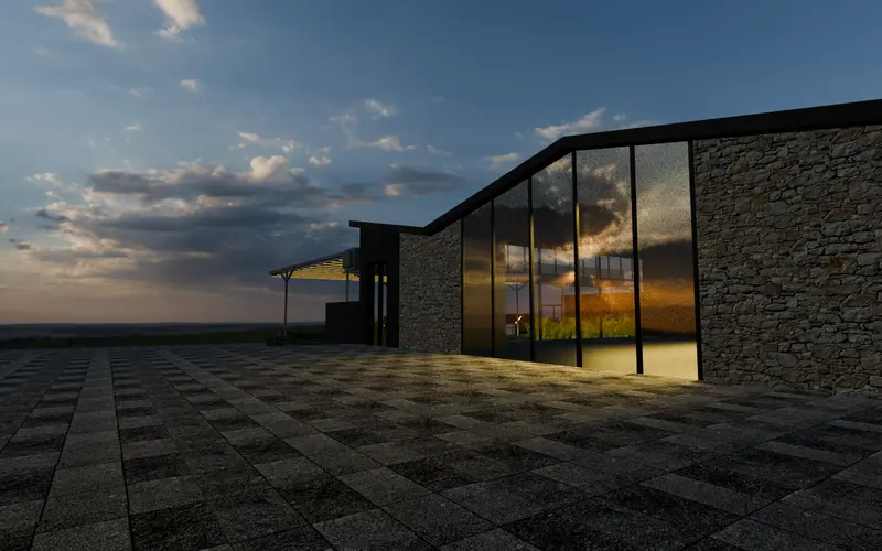 Stone and glass pavilion with lit pergola at dusk