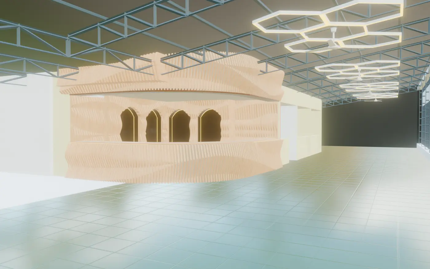 Interactive 3D model of the Kigali Universe venue interior with parametric bar