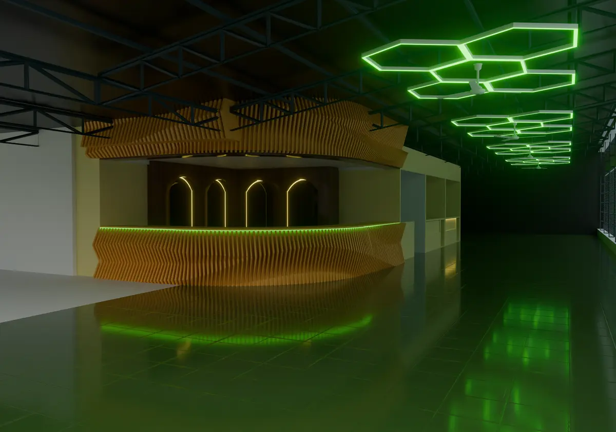 Kigali Universe venue interior — timber bar with green neon hexagon ceiling
