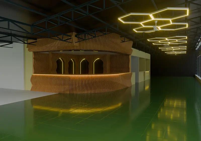 Parametric timber bar under warm hexagonal ceiling lights
