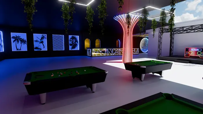 Main hall with sculpted ceiling islands and accent lighting