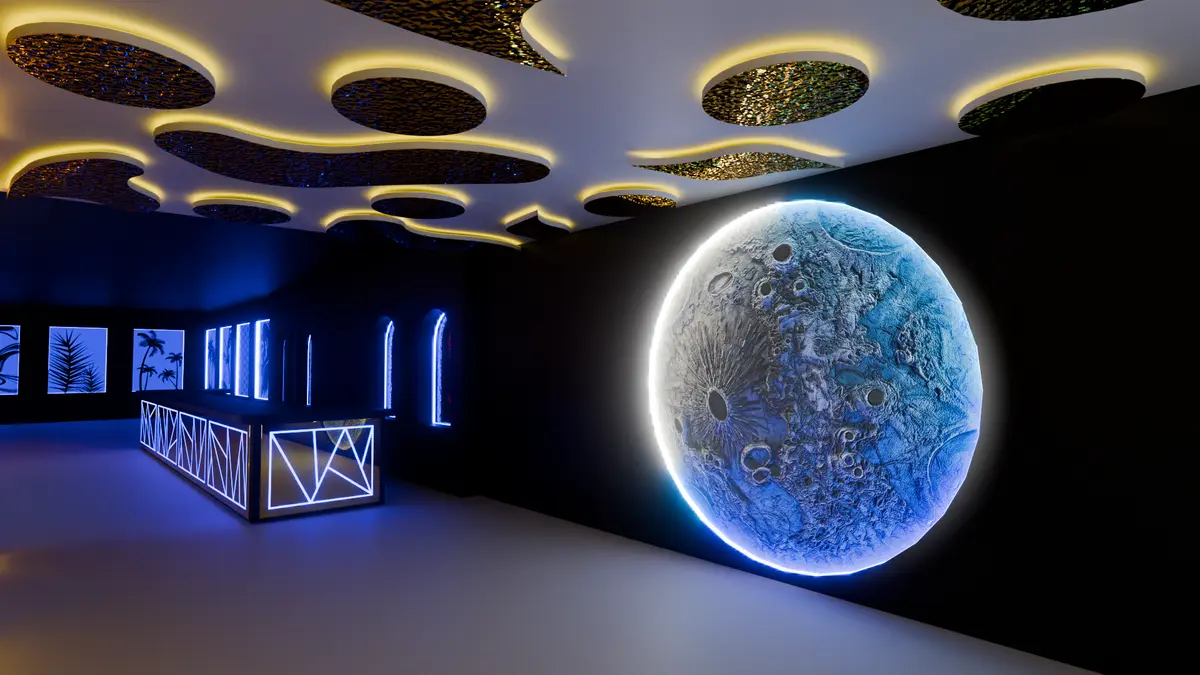 Venue interior with neon accent lighting and feature walls