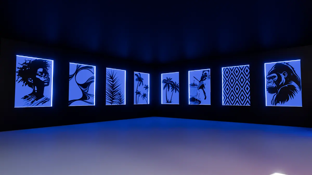 Bar area with glowing feature wall and neon-framed counter