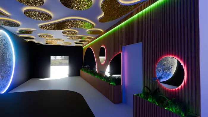 Hall with concentric neon ring ceiling