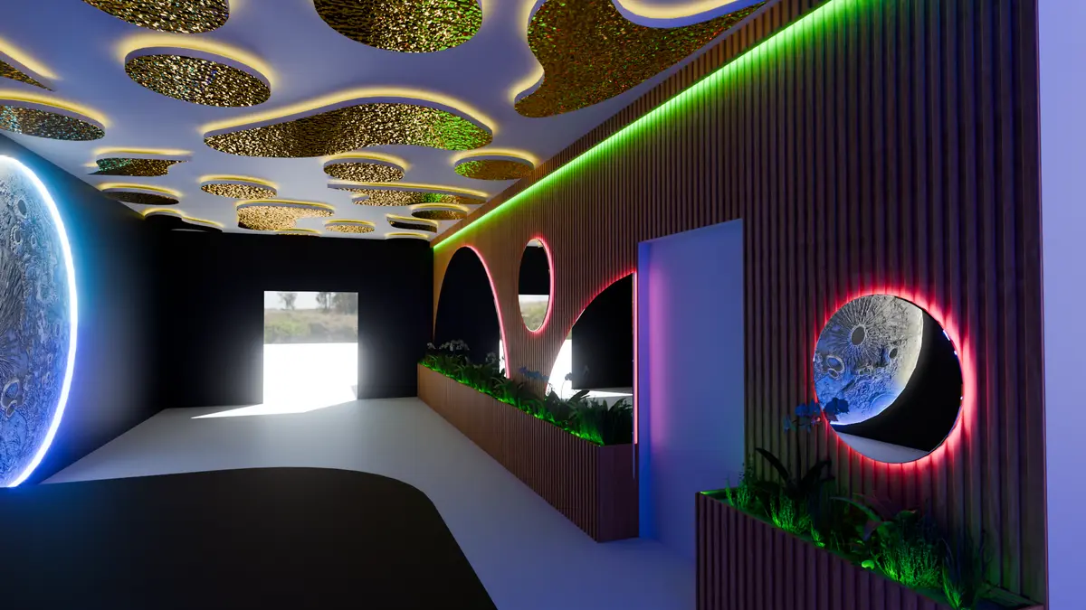 Hall with concentric neon ring ceiling