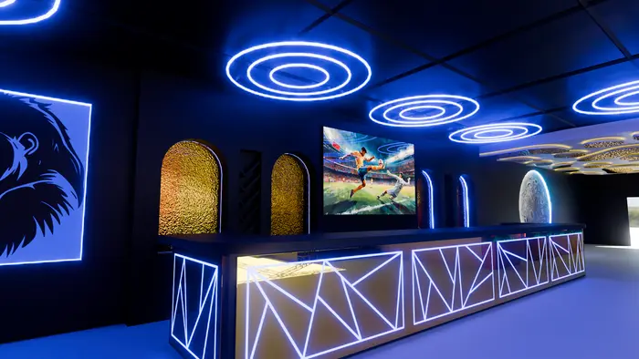 Venue space with neon ceiling rings and accent light