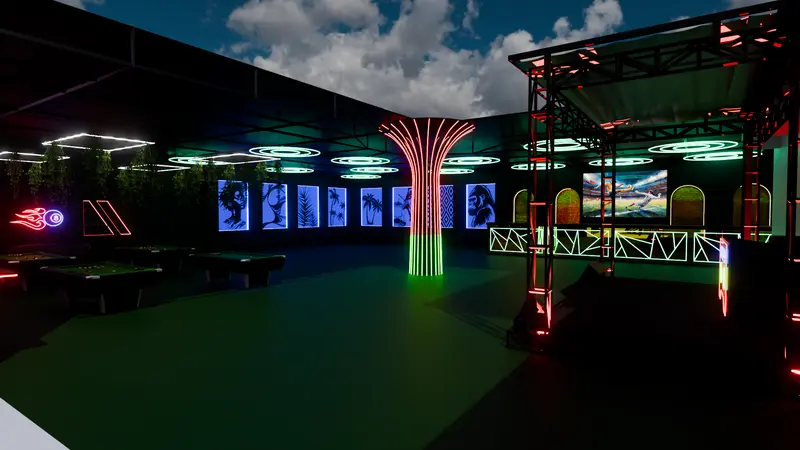 Games hall with neon light tree, ring ceilings, and pool tables
