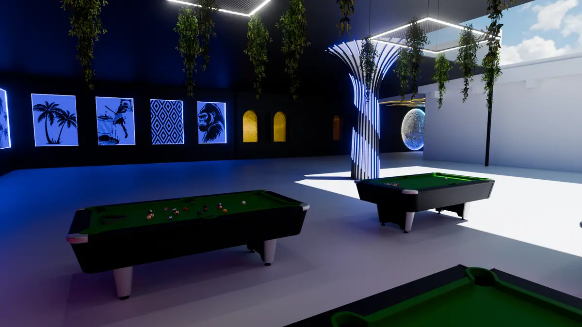 Games room with pool tables, neon wall art, and blue ring ceiling