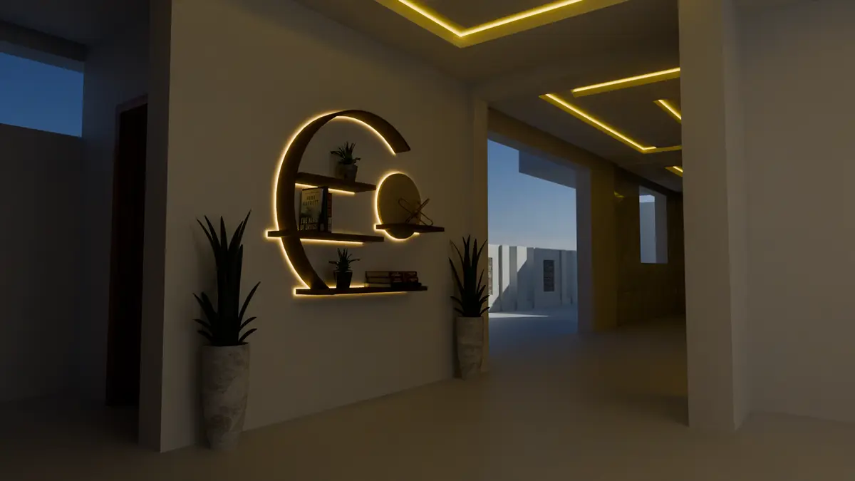 Backlit crescent shelf in the hallway at dusk