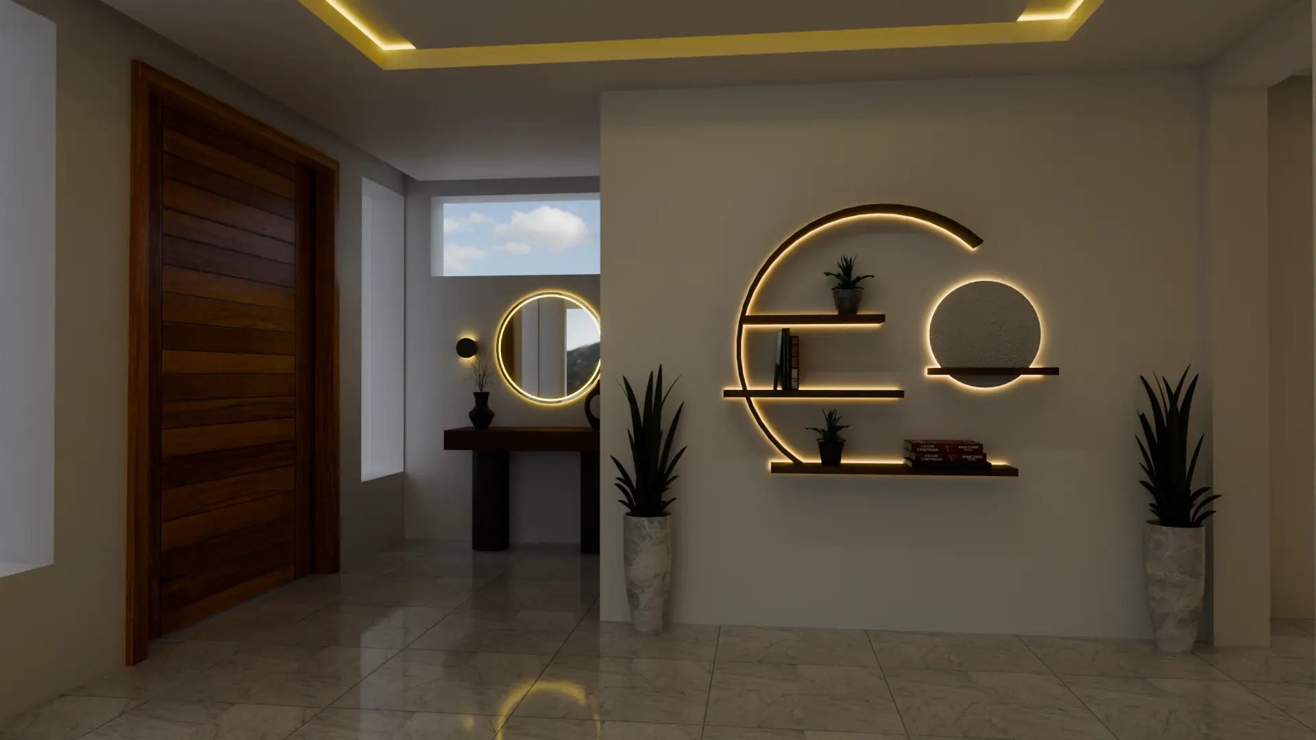 Entrance design render by SPCS Build with layered ceiling lighting
