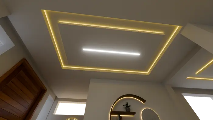 Entrance lighting design with layered ceiling lines