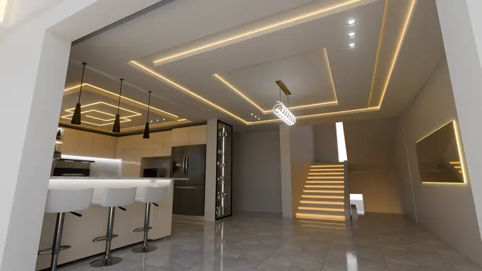 Kitchen and dining space with integrated ceiling lighting