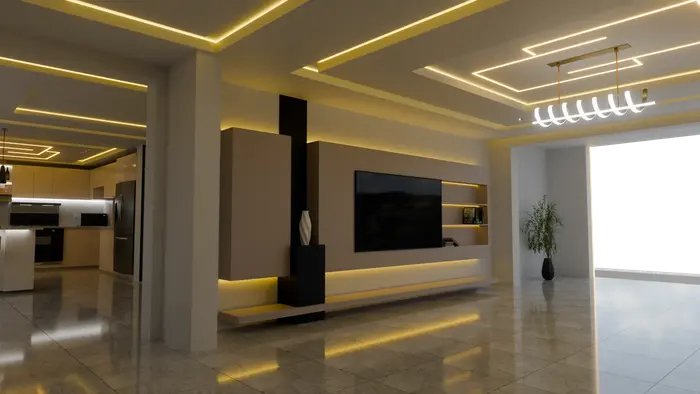 Living room TV wall with slatted timber and accent light