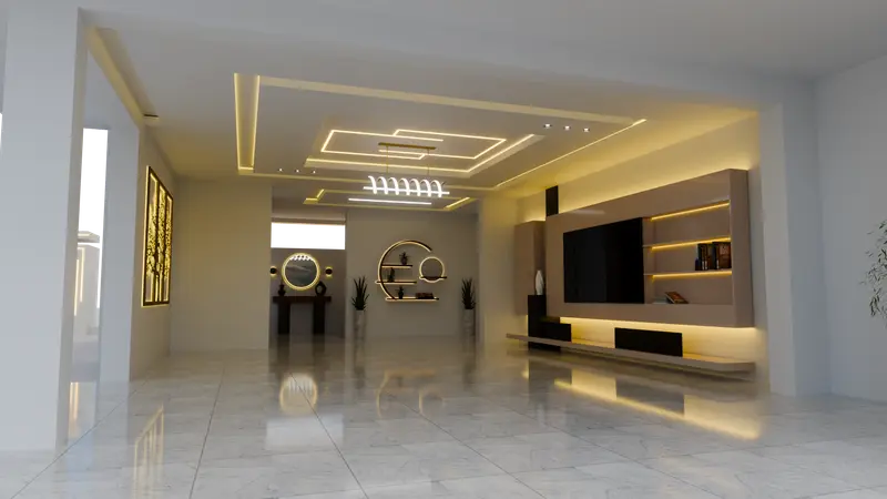 Living room with layered ceiling lighting and backlit joinery