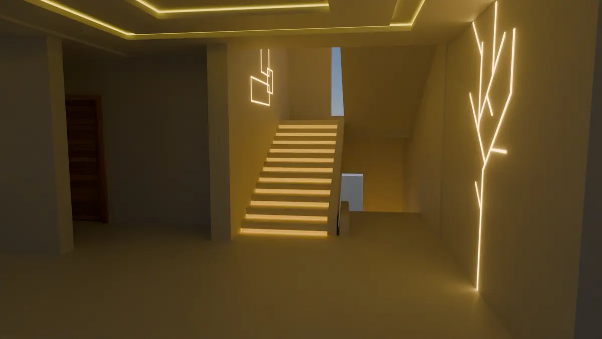 Staircase with integrated step lighting and branching light feature