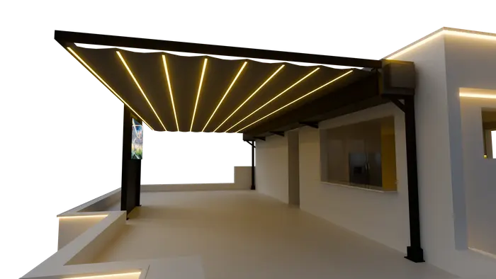 Garden walkway with wooden canopy and integrated lighting