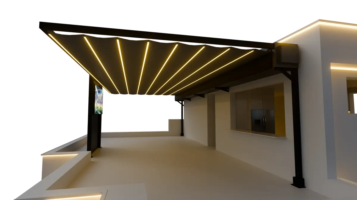 Garden walkway with wooden canopy and integrated lighting