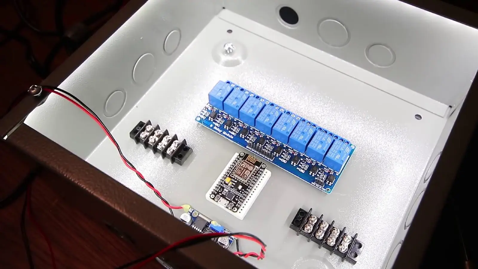 Smart-home control panel wired by SPCS Build, with relay modules and controller board