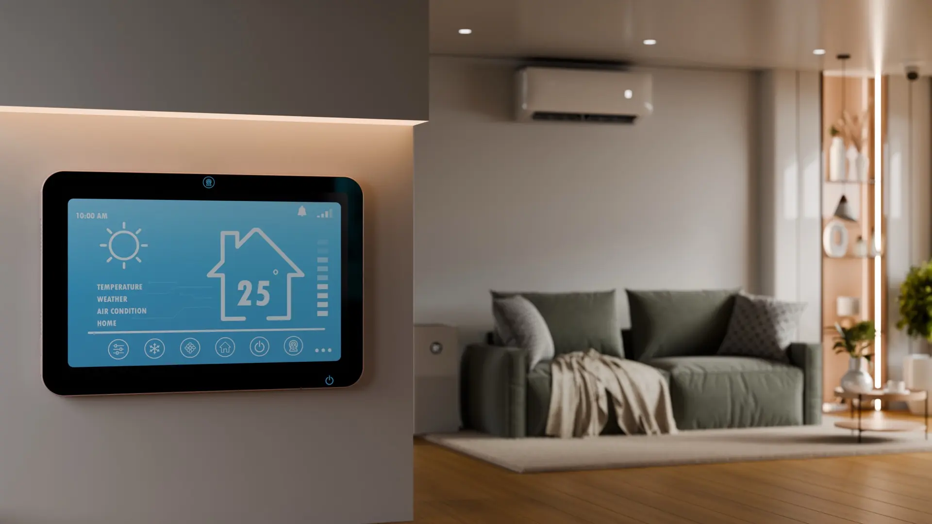 Wall thermostat panel showing room temperature