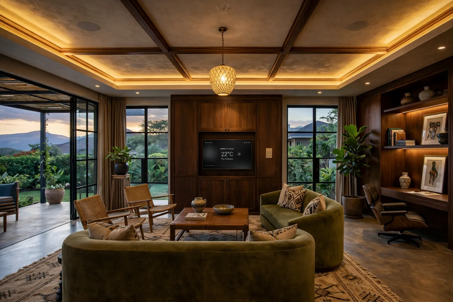 Smart living room with integrated lighting and climate control
