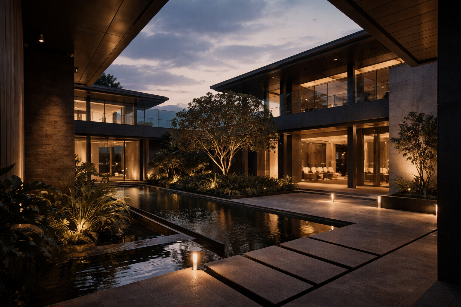 Smart exterior — automated lighting and access control at dusk
