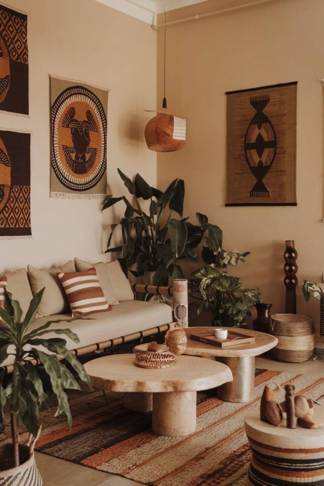 African-inspired living room with textile art and warm tones