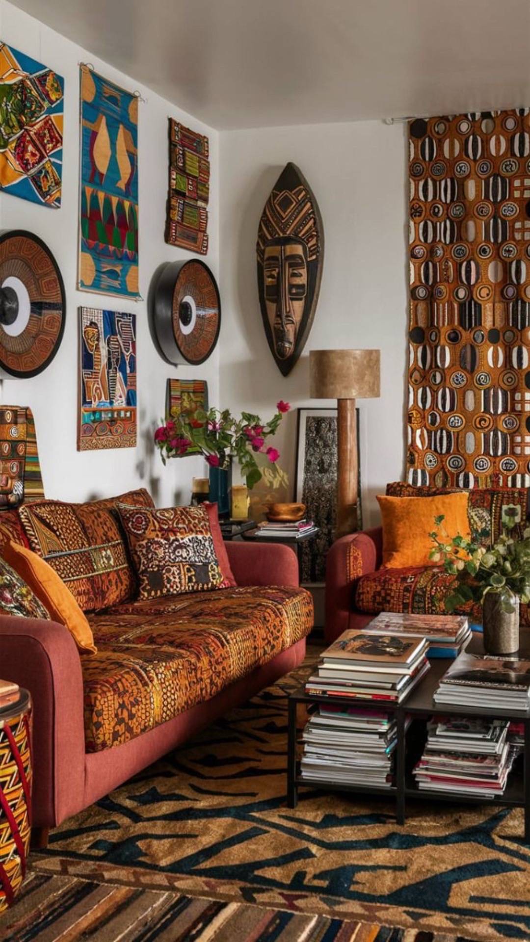 Vibrant living room with African masks and kente textiles