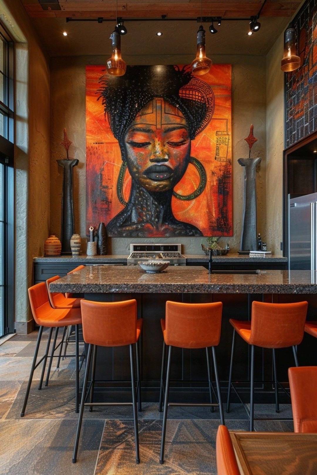 Kitchen bar with bold African portrait mural and copper lighting