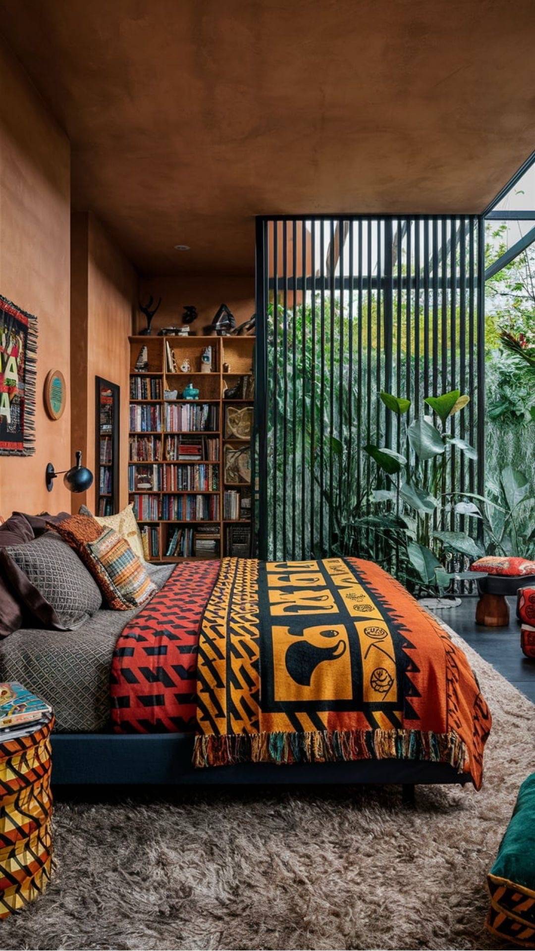 Tropical bedroom with earthy warm tones and indoor plants