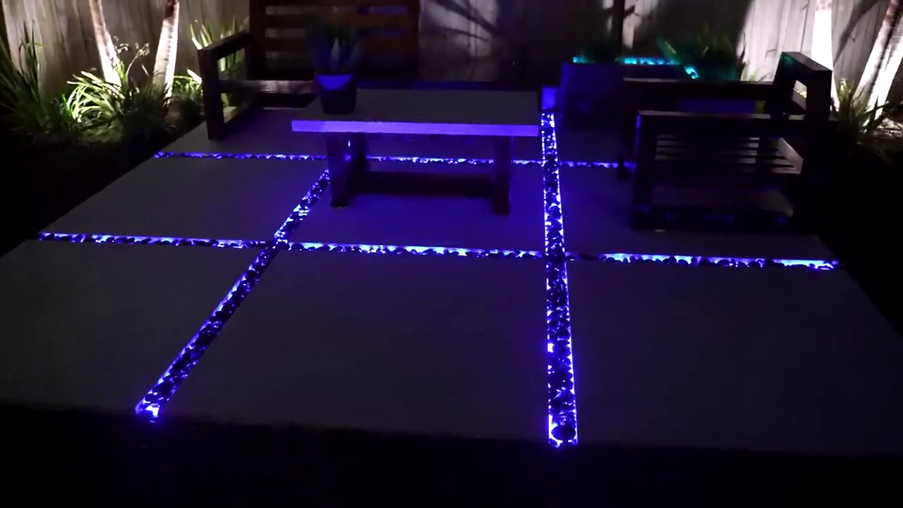 Outdoor patio with blue LED strip lighting