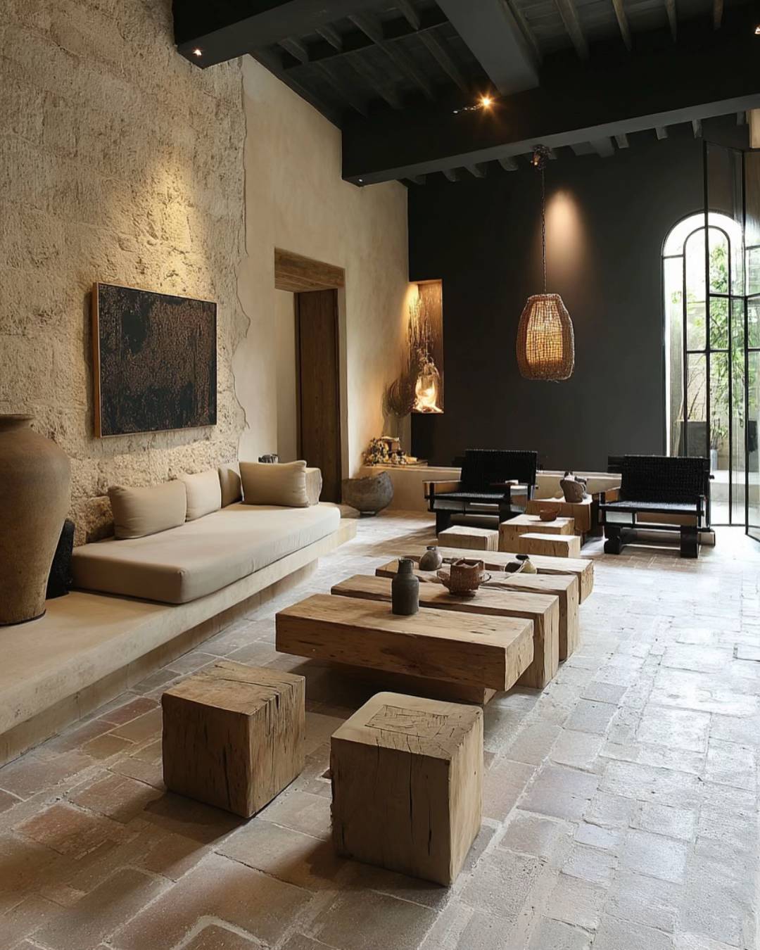 Grand stone hall with reclaimed wood tables and soaring ceilings