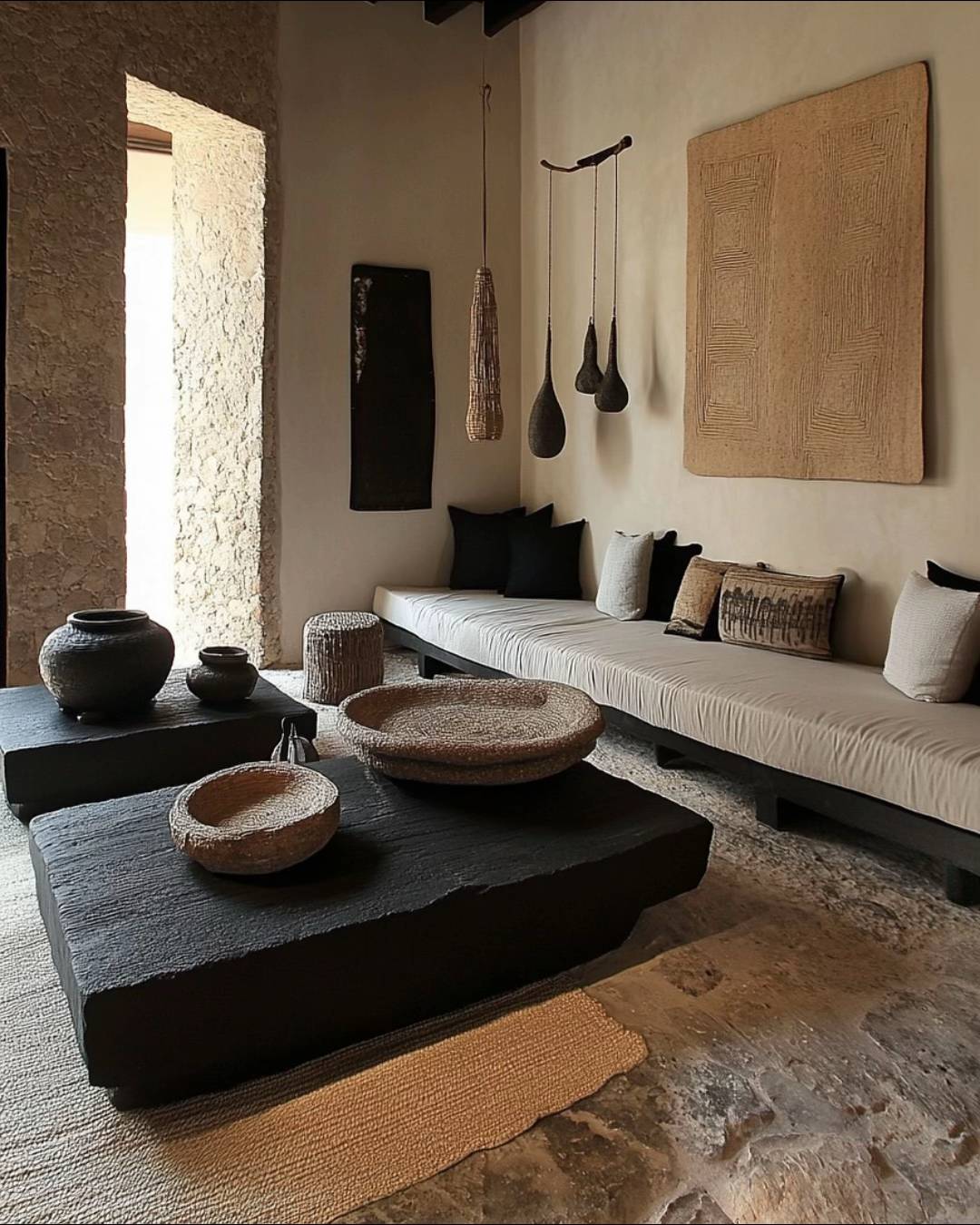Low stone table lounge with African pottery accents