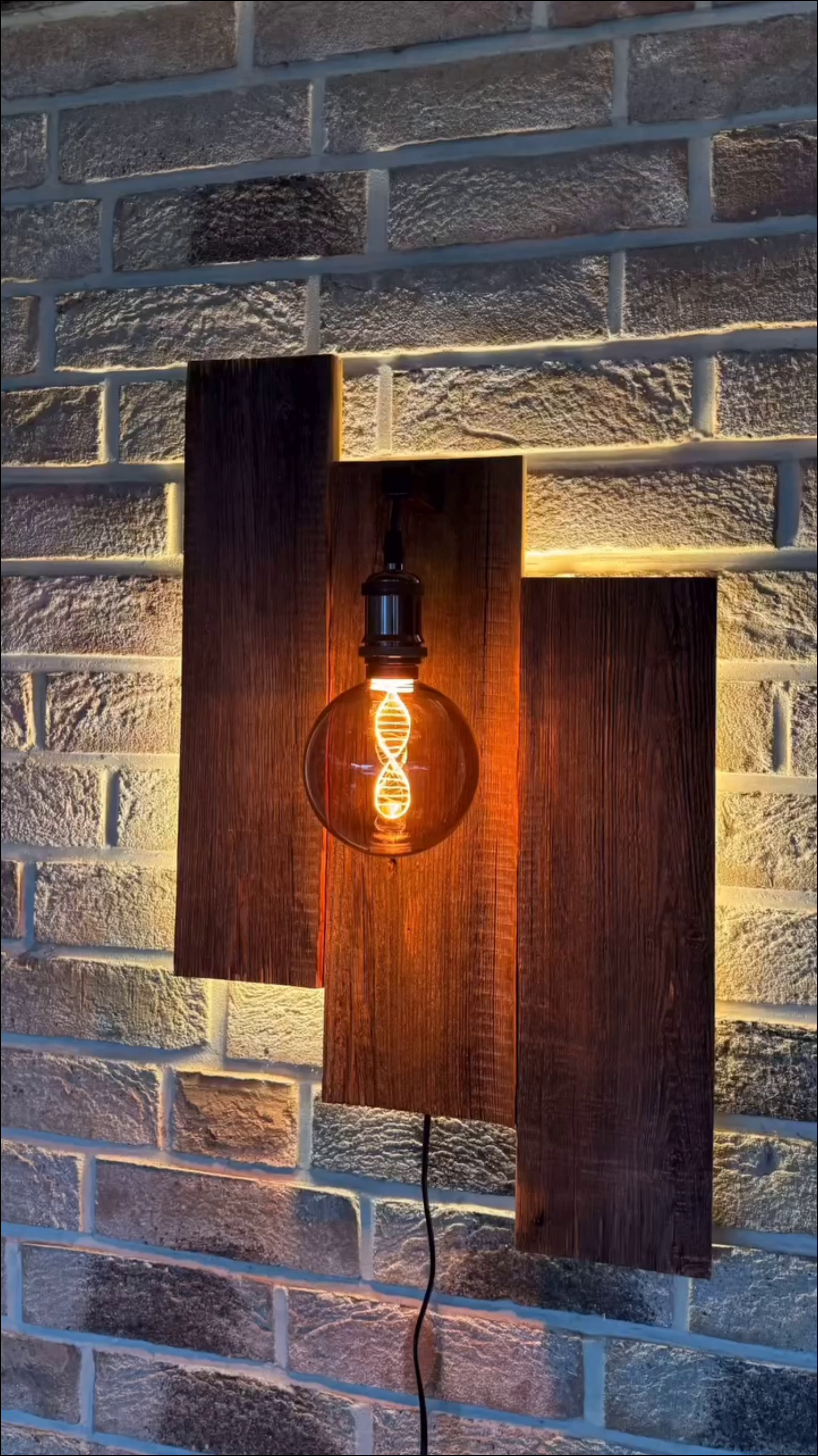 Dark wood wall sconce with Edison globe bulb on brick